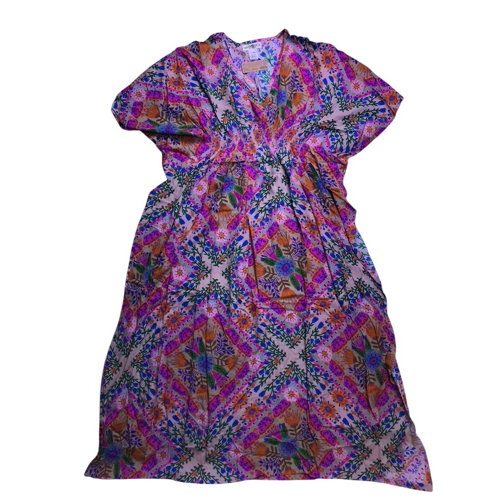 Natural Life Sanibel Kaftan Maxi Dress Women Small Pink Floral Diamonds Boho New